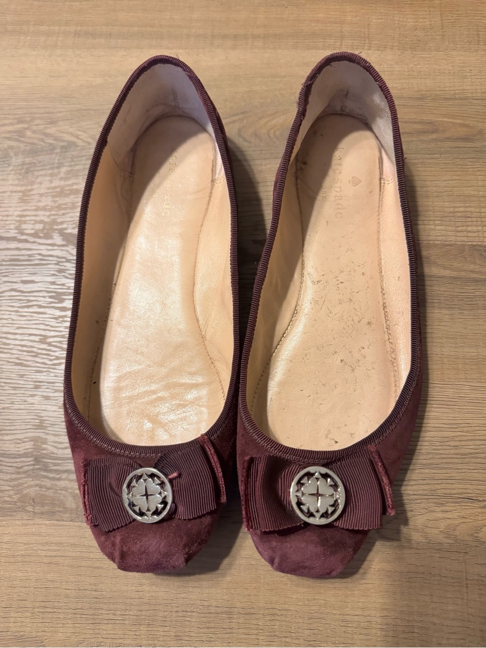 kate spade Burgundy Suede Ballet Flats with Bow and Logo Medallion